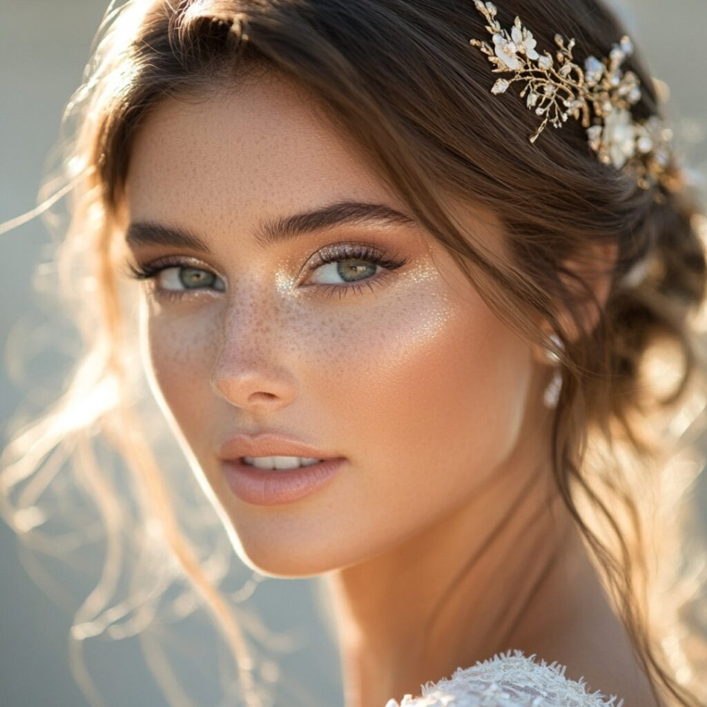 A radiant bridal look with bronzed skin, golden highlights, and neutral shimmer eyeshadow for a sun-kissed beach wedding glow.