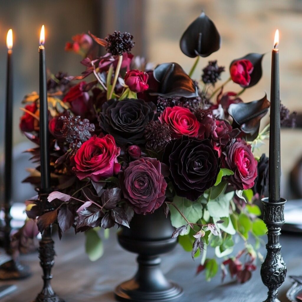 A dramatic gothic floral centerpiece with deep red roses, black calla lilies, dark purple dahlias, and accents of dark foliage, complemented by tall black candlesticks with dripping wax in a black or metallic vase for a mysterious, romantic atmosphere.