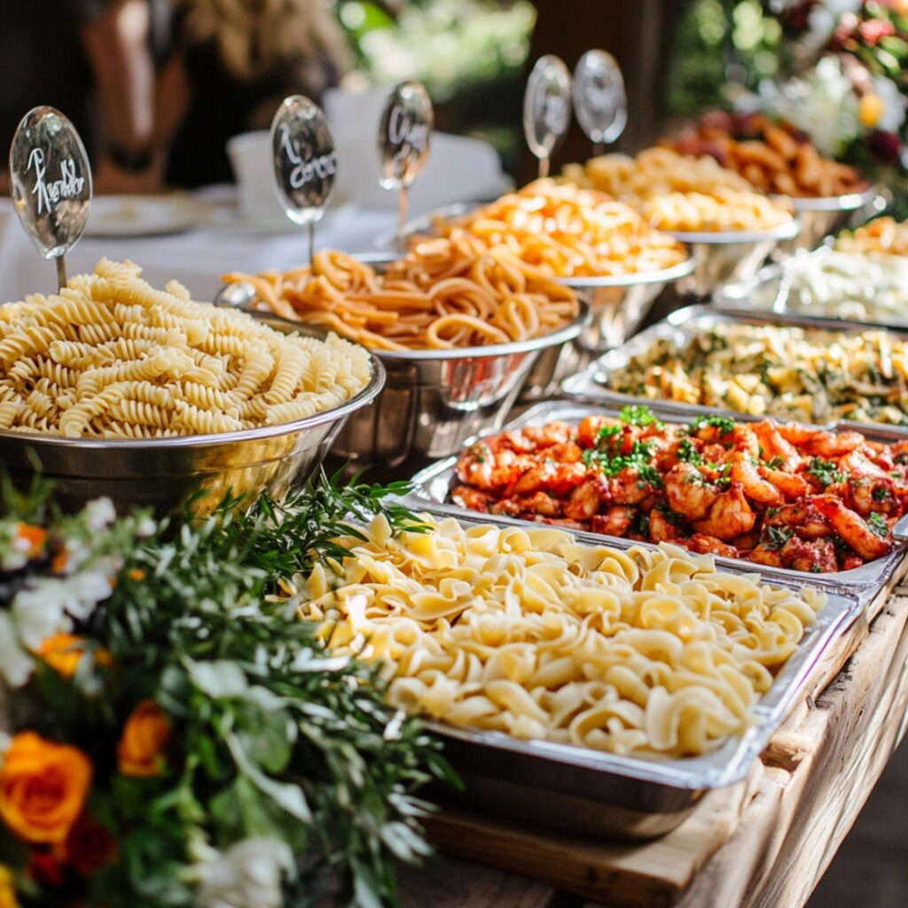 An interactive gourmet pasta bar with fresh pasta options, sauces, and add-ons like grilled chicken and shrimp, offering a personalized touch to your wedding menu.