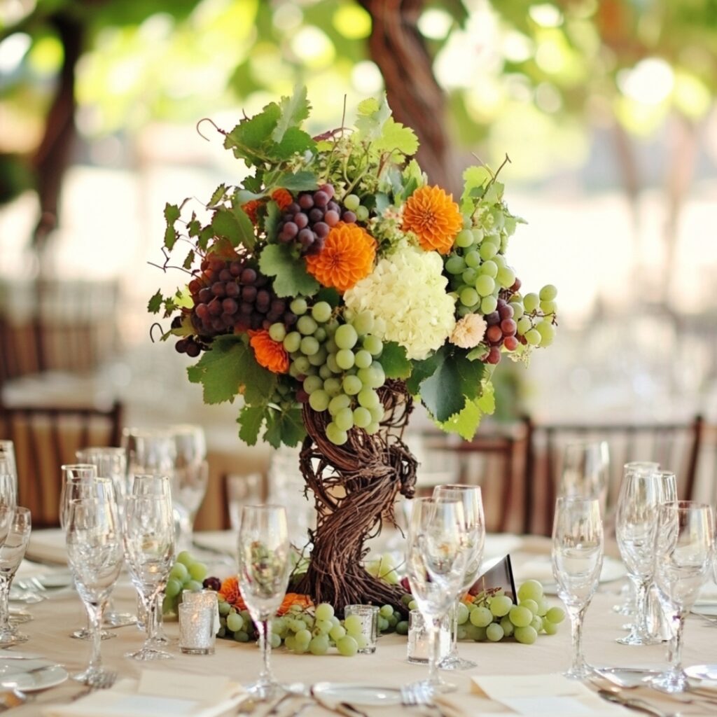 Twisting grapevine centerpieces with fresh grapes and flowers, bringing the vineyard’s natural beauty to each reception table.