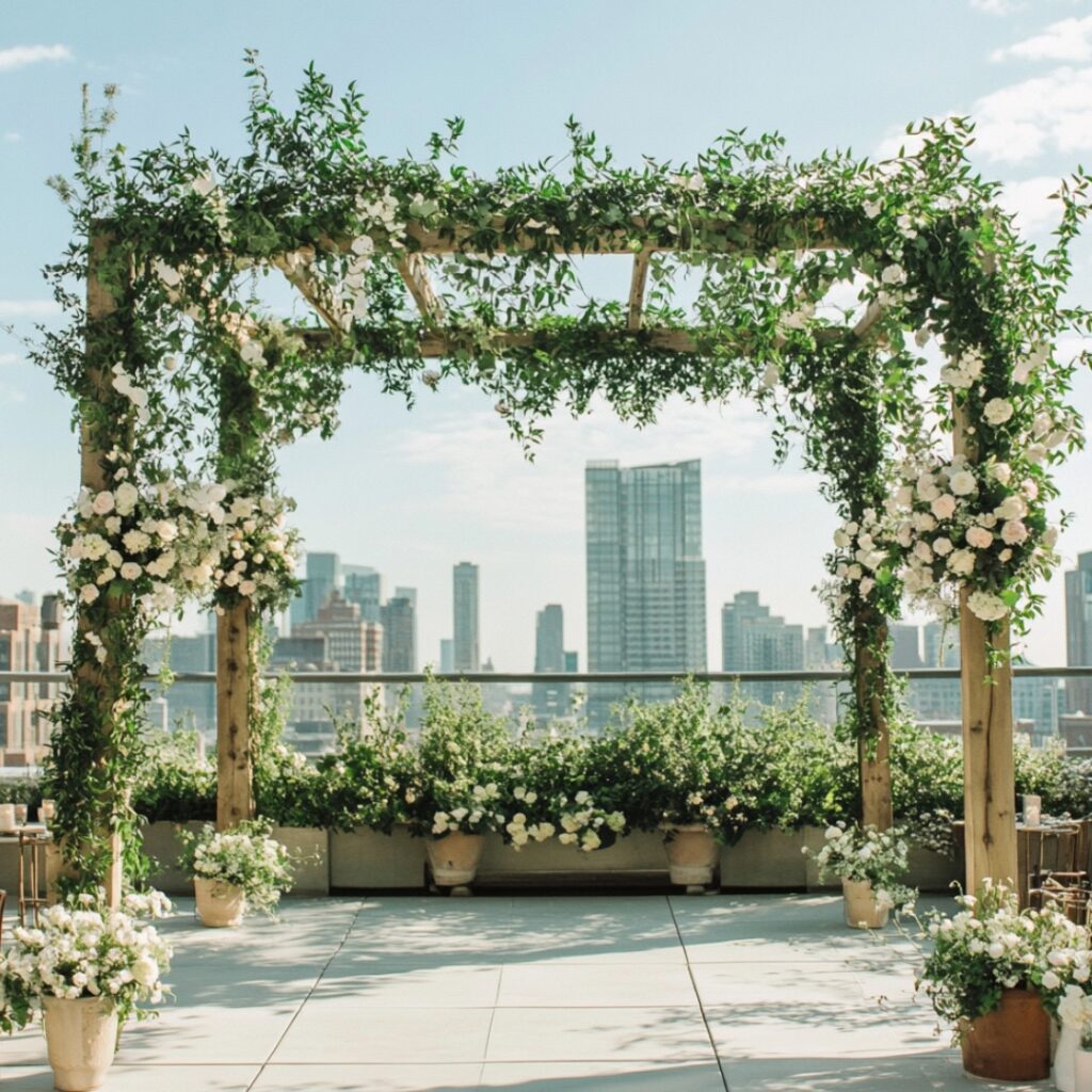 Rooftop wedding transformed into a greenery-filled oasis, featuring potted plants, hanging vines, and a floral arch for a serene, garden-like ambiance against the cityscape.