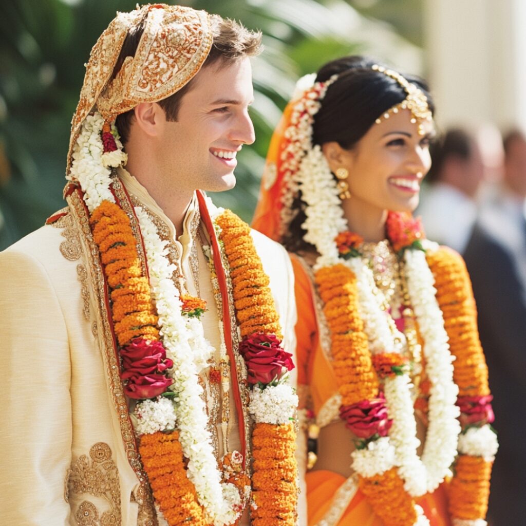 Guest attire suggestions encouraging marigold and orange colors, providing guidance for vibrant accents to enhance the wedding's aesthetic and atmosphere.
