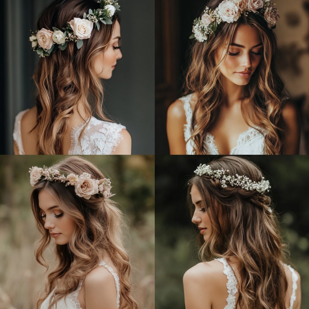 Bride showcasing a half-up, half-down hairstyle with a flower crown, elegantly framing her face for a relaxed yet romantic vibe.