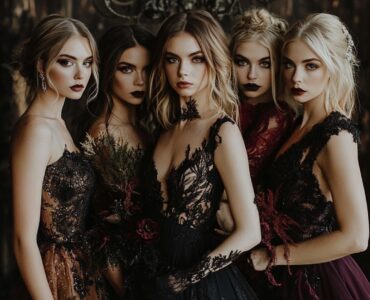 A group of bridesmaids showcasing Halloween bridesmaid dresses in dark colors and luxurious fabrics, adding a stylish, eerie ambiance to the wedding celebration with a perfect blend of mystery and elegance.