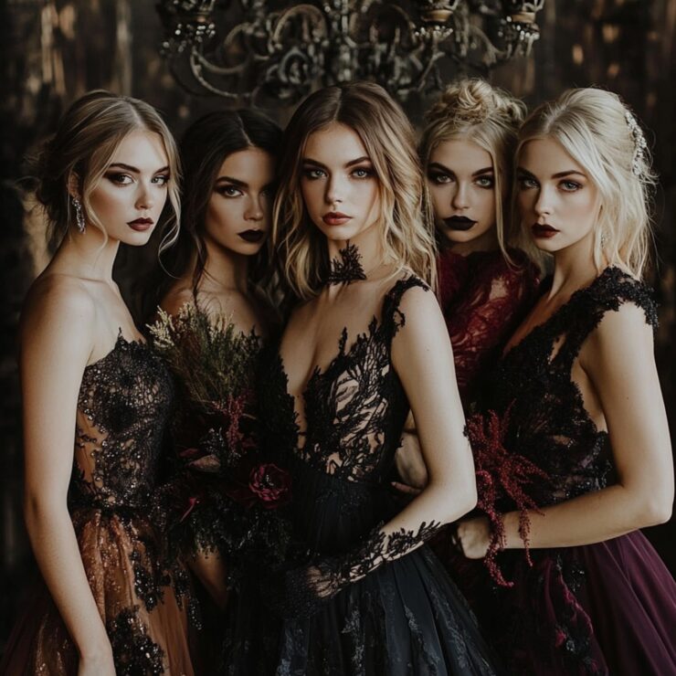 A group of bridesmaids showcasing Halloween bridesmaid dresses in dark colors and luxurious fabrics, adding a stylish, eerie ambiance to the wedding celebration with a perfect blend of mystery and elegance.
