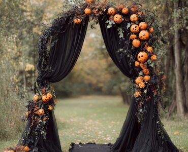 A Halloween-themed wedding arch adds gothic elegance and eerie charm, transforming your ceremony into a hauntingly beautiful, unforgettable setting that reflects your style.
