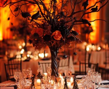 Overview of Halloween wedding centerpiece ideas, showcasing a variety of creative options that blend spooky and sophisticated elements to create a captivating and enchanting wedding ambiance.