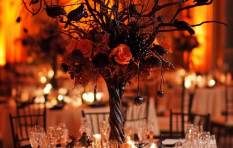 Overview of Halloween wedding centerpiece ideas, showcasing a variety of creative options that blend spooky and sophisticated elements to create a captivating and enchanting wedding ambiance.