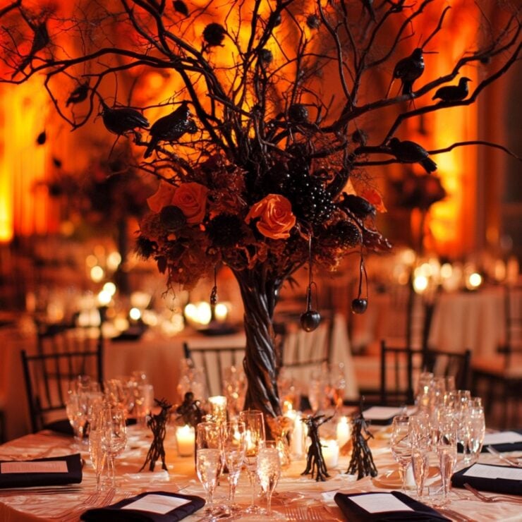 Overview of Halloween wedding centerpiece ideas, showcasing a variety of creative options that blend spooky and sophisticated elements to create a captivating and enchanting wedding ambiance.