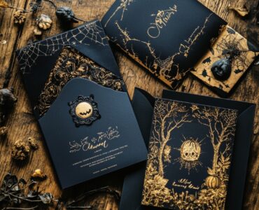 A selection of Halloween wedding invitations, each designed to reflect unique themes and styles, setting the tone for a memorable, spooky celebration.