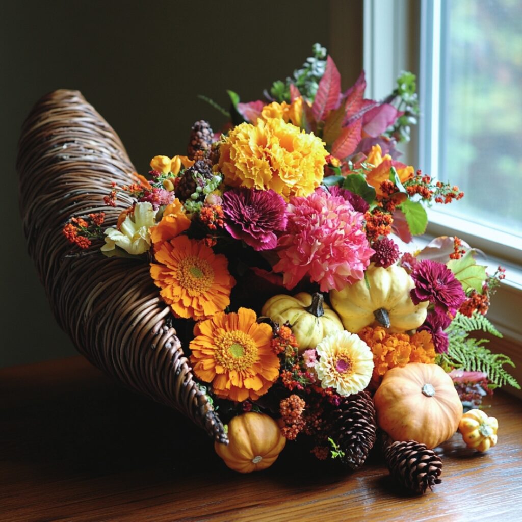 A cornucopia centerpiece overflowing with autumn blooms like marigolds, carnations, and lilies, accented with gourds and pinecones, symbolizing abundance and seasonal beauty.
