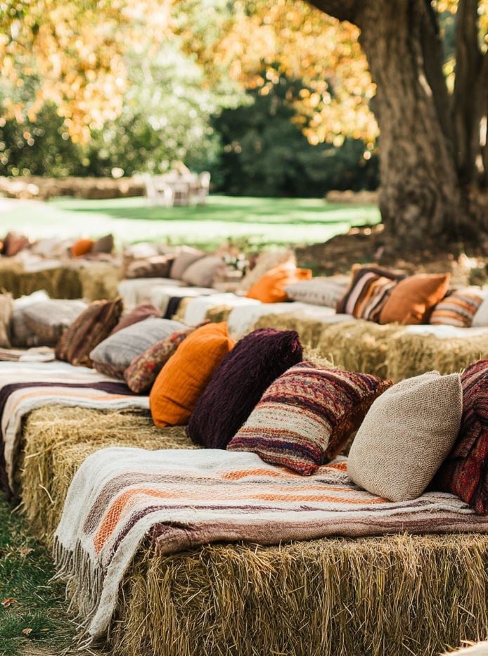 Rustic hay bale seating at a fall wedding, draped with cozy blankets and throw pillows in autumn colors, creating a relaxed and charming outdoor atmosphere.