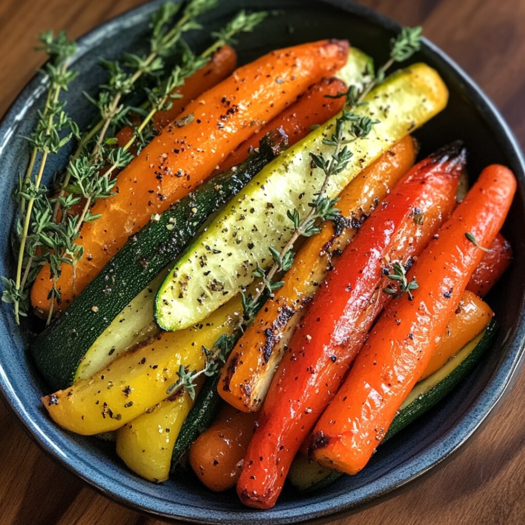 A vibrant and healthy side of herb-roasted carrots, zucchini, and bell peppers, perfectly seasoned to complement the rustic vineyard atmosphere.