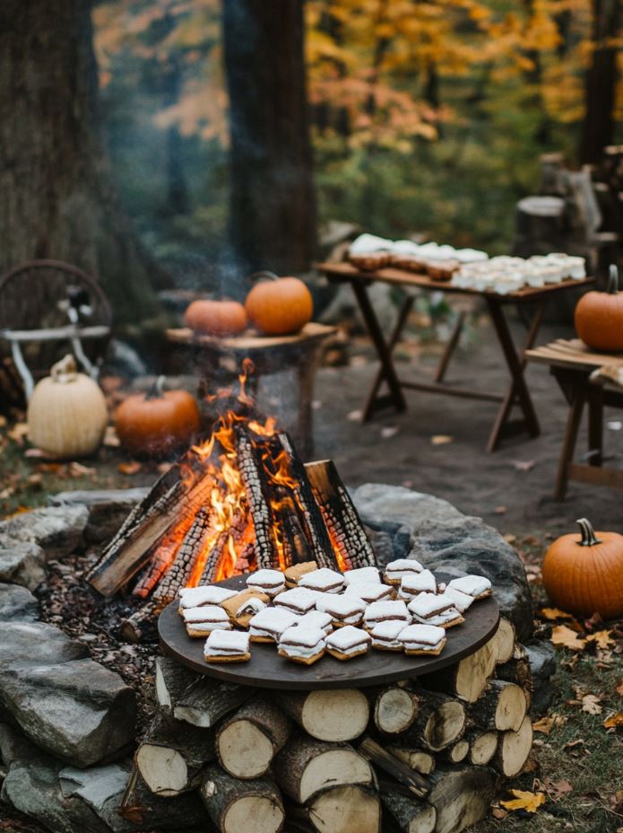 Interactive wedding entertainment such as a s'mores station by a fire pit, lawn games like corn hole and giant Jenga, pumpkin carving, and a hot apple cider tasting bar for guests to enjoy.