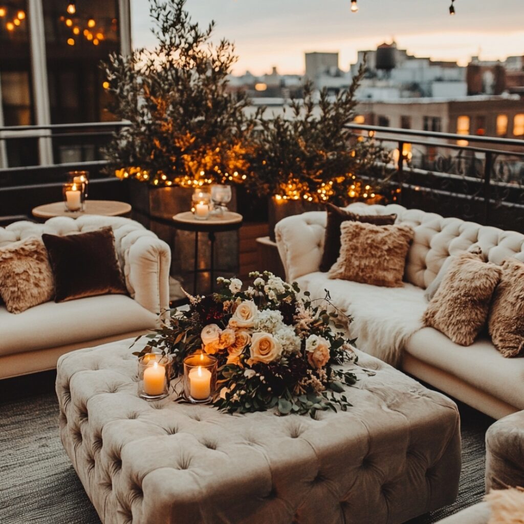 Cozy lounge area setup at a rooftop wedding, complete with plush seating, stylish cushions, throw blankets, and candlelit coffee tables with floral arrangements for a relaxed, intimate atmosphere.