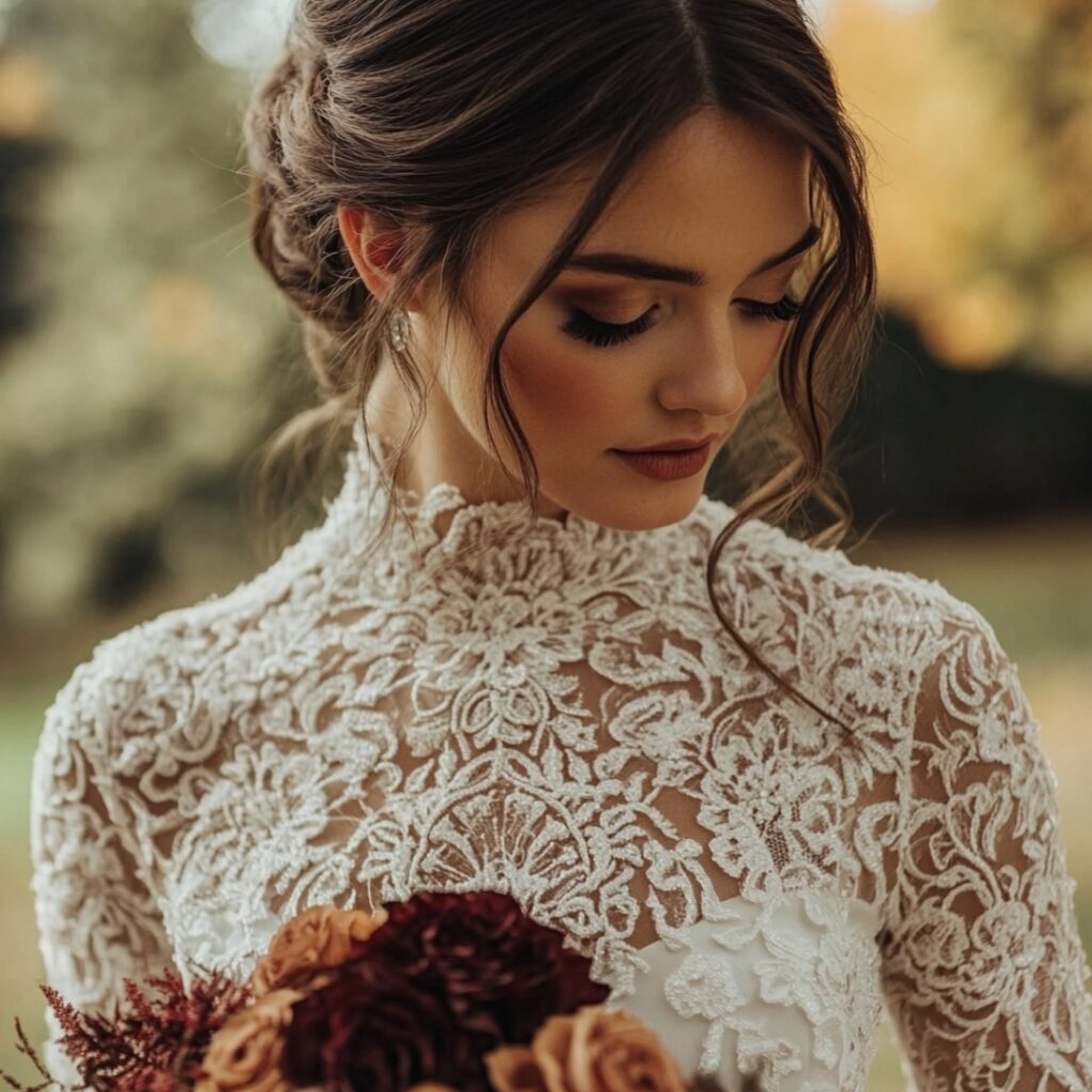 Bride wearing a lace long-sleeve gown with intricate detailing, perfect for a September wedding, combining elegance with warmth for early autumn.