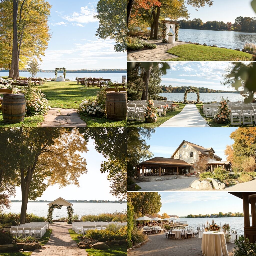 A peaceful lakefront wedding venue in September, with serene water views and early fall colors, provides an intimate setting for a waterfront ceremony and outdoor reception.