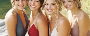 A selection of bridesmaid dresses that enhance the natural beauty of a lakefront wedding with elegant colors and textures, creating a cohesive and picturesque atmosphere.