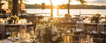 A beautifully decorated lakefront wedding featuring sunset reflections, rustic accents, and natural elements, creating a serene and magical atmosphere for guests.
