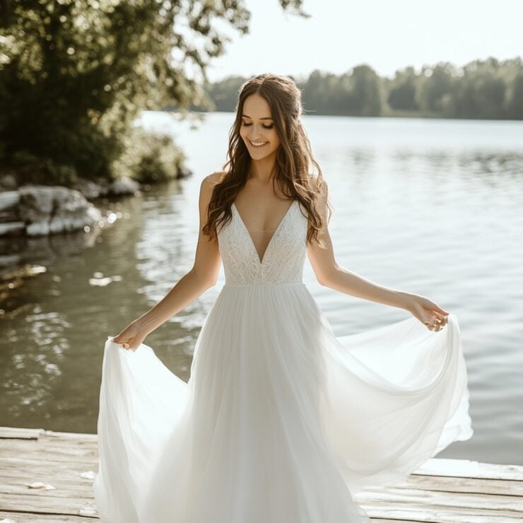A bride wearing a flowing lakefront wedding dress, blending vintage charm, modern simplicity, or a romantic silhouette, complementing the natural beauty of the waterfront venue.