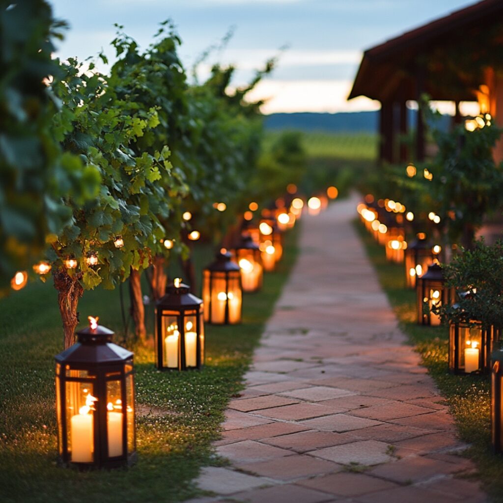 Lanterns lining the pathways of a vineyard wedding, casting a soft, romantic glow while enhancing the venue’s natural ambiance.