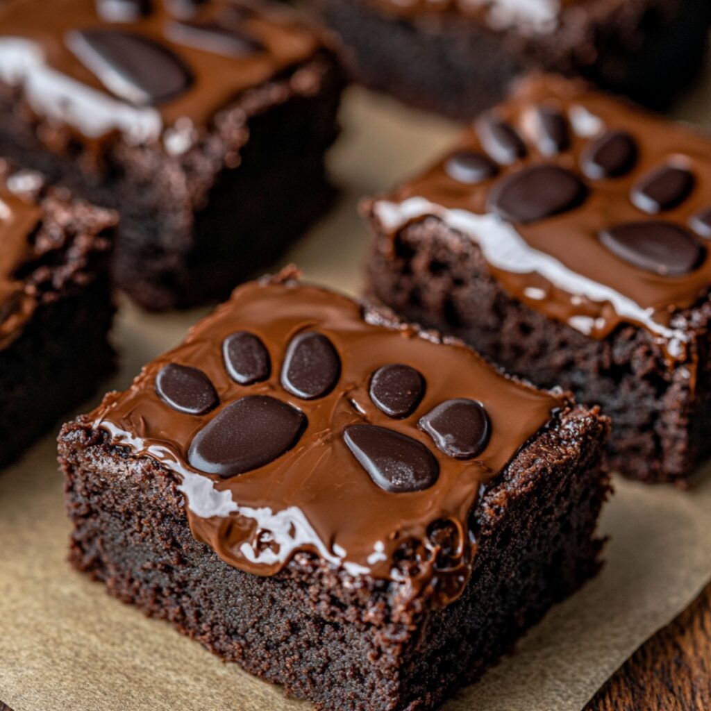 Fudgy chocolate brownies topped with chocolate ganache and fondant paw prints, inspired by Simba's iconic footprints from The Lion King.