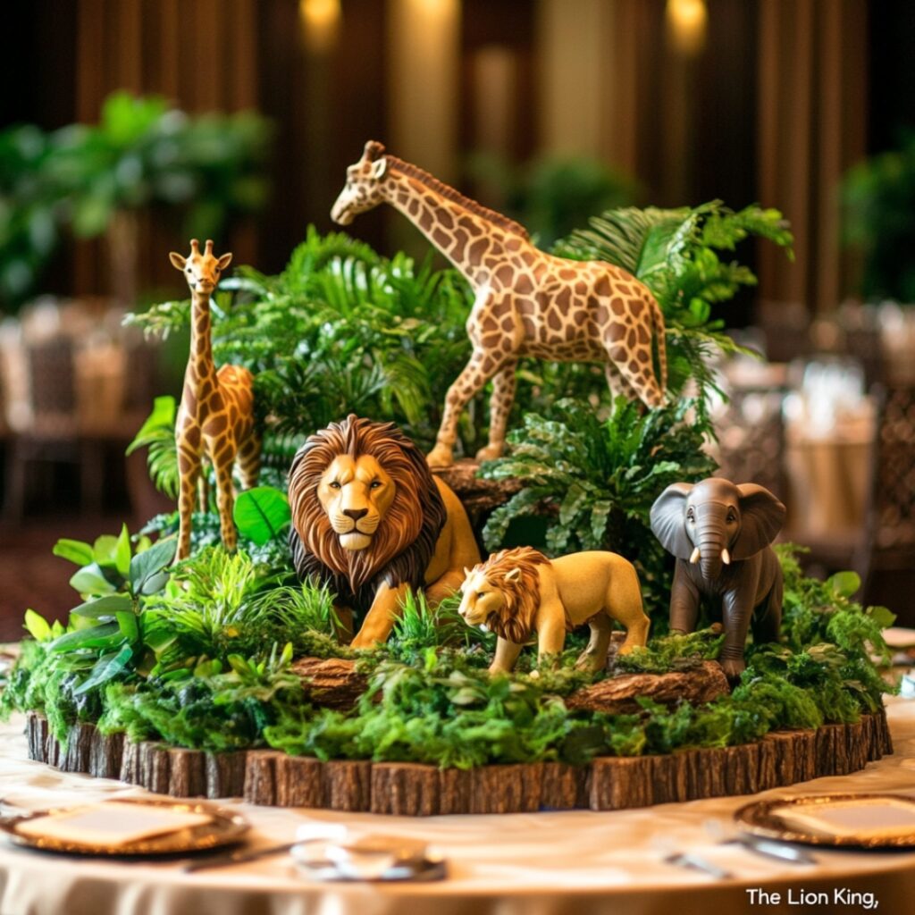 A safari-themed centerpiece with lion, elephant, and giraffe figurines, lush greenery, and wooden accents, inspired by "The Lion King," evoking the wild beauty of the Pride Lands.