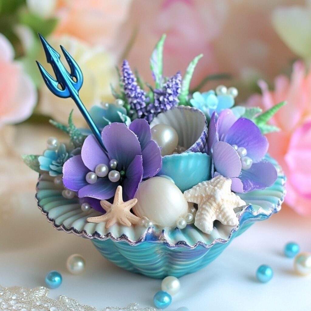 A seashell-themed centerpiece featuring aqua and lavender flowers, pearls, starfish, and a mini trident, inspired by "The Little Mermaid," ideal for beach-themed events.