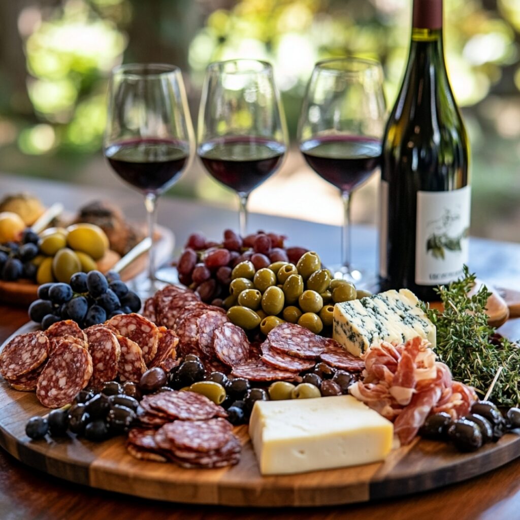 An elegant charcuterie board featuring cured meats, cheeses, olives, and artisan bread, perfectly paired with the vineyard's finest wines.