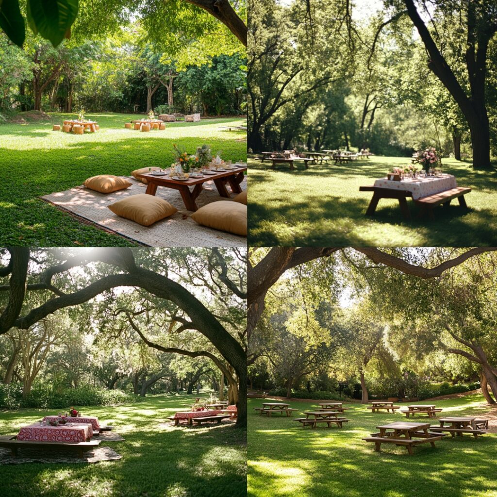 Scenic picnic bridal shower location featuring a lush park with ample seating and shade, ideal for a comfortable and memorable celebration.