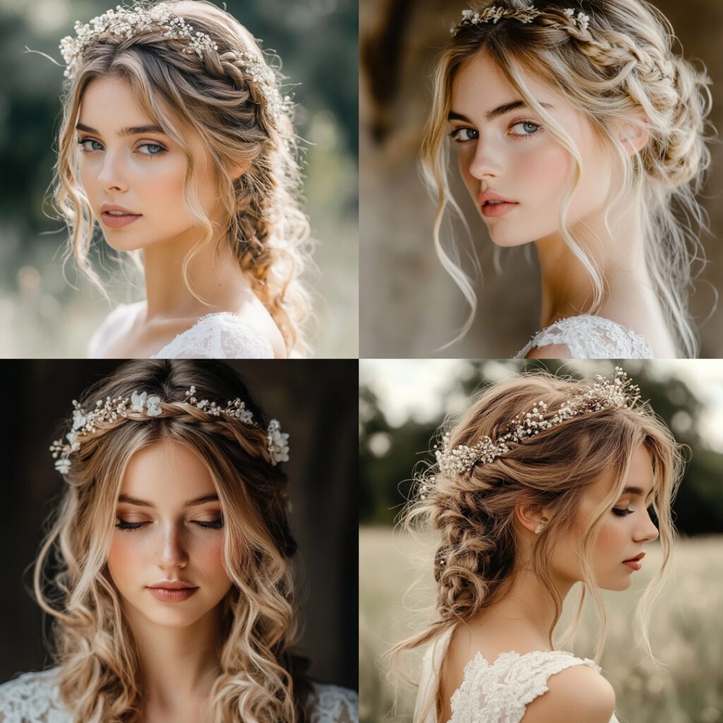 A bride showcasing a loose braided crown hairstyle, featuring soft waves and tendrils framing her face, embodying a whimsical boho elegance.