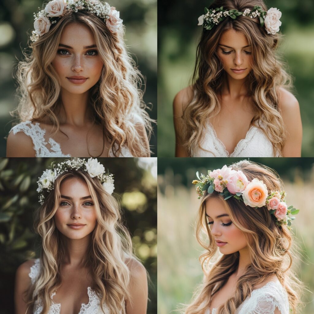Bride with loose, cascading waves and a delicate flower crown, exuding romantic boho elegance for an outdoor wedding.