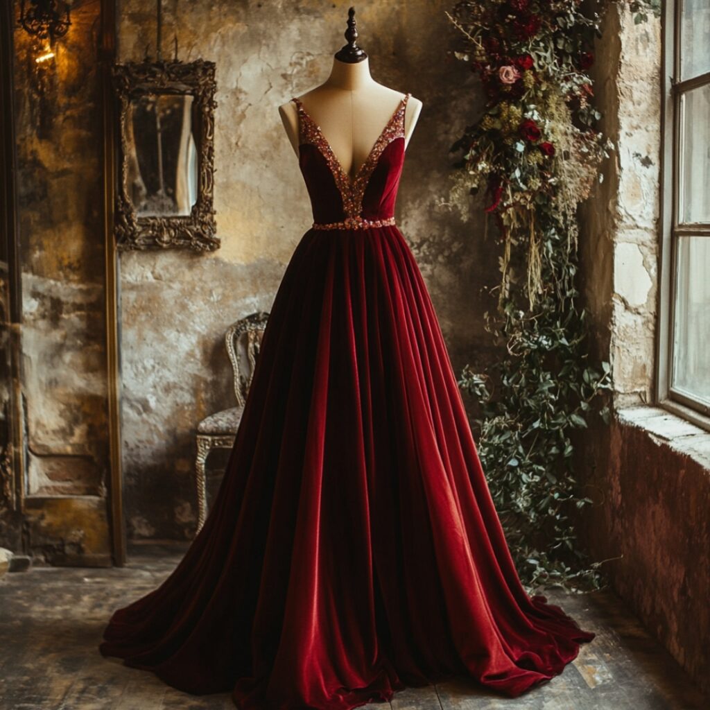 A luxurious velvet dress in rich jewel tones, ideal for creating a royal and regal appearance at an evening fairytale wedding.