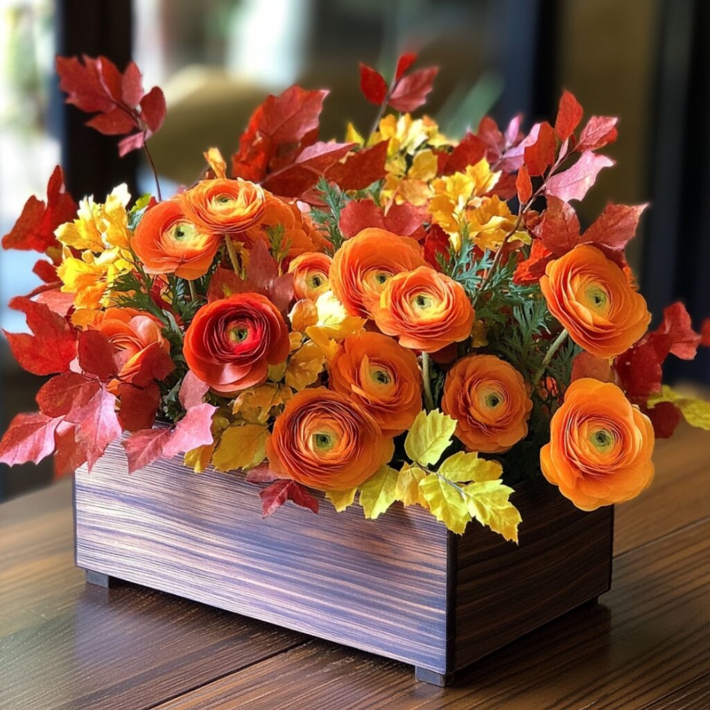 Vibrant fall centerpiece with orange ranunculus blooms and preserved maple leaves in red and gold hues, arranged in a wooden container for a bold, seasonal display.