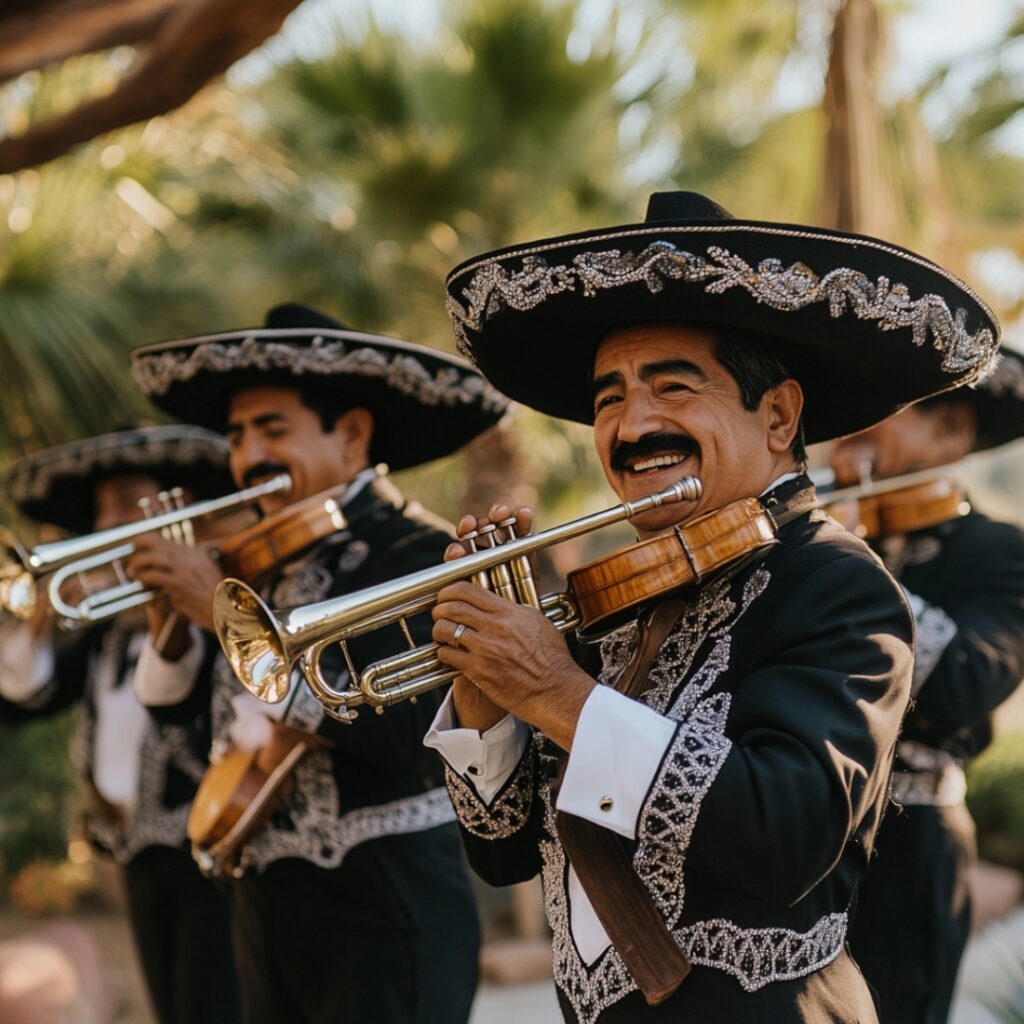 A lively mariachi band playing traditional Mexican music with trumpets, violins, and guitars, creating a festive atmosphere at a rancho wedding celebration.