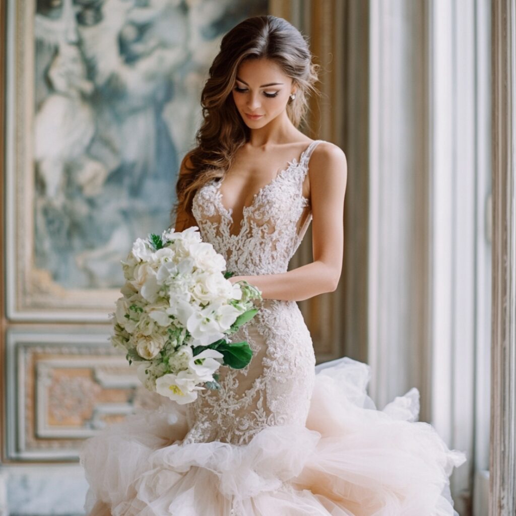 Bride in a mermaid dress with a tulle skirt and lace bodice, offering a chic, dramatic look perfect for a stylish September wedding.