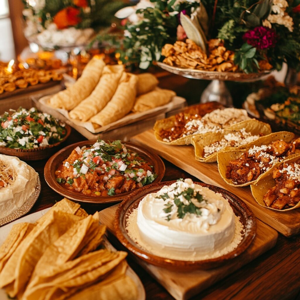 A delicious Mexican-inspired wedding menu featuring tacos, tamales, and enchiladas, along with churros and tres leches cake for a rich, authentic culinary experience.