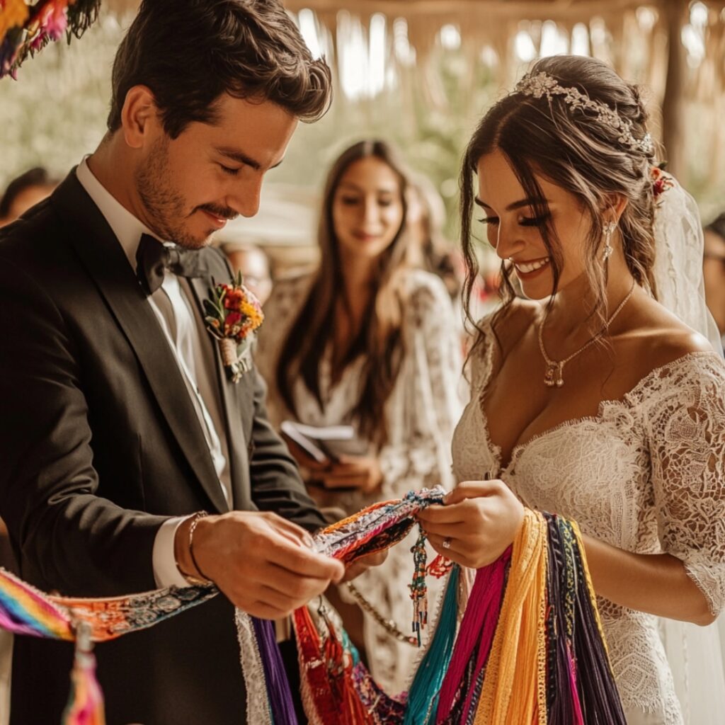 A couple participates in the lazo ceremony and the exchange of arras, embracing meaningful Mexican wedding traditions that symbolize unity and prosperity.