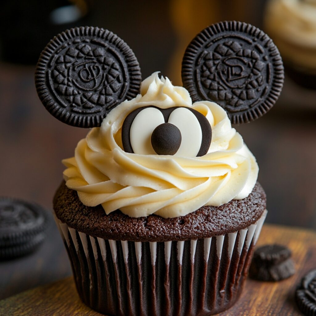 A chocolate cupcake topped with vanilla buttercream, featuring Mickey's iconic ears made from mini Oreos, perfect for Disney-themed celebrations.
