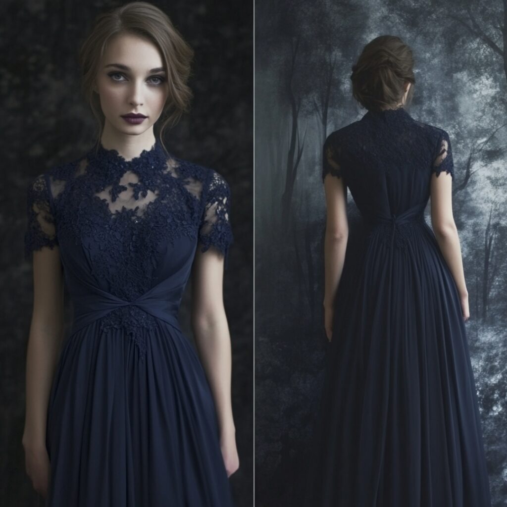 A midnight blue bridesmaid dress with lace accents, adding elegance and mystery, ideal for a moonlit Halloween wedding ceremony.