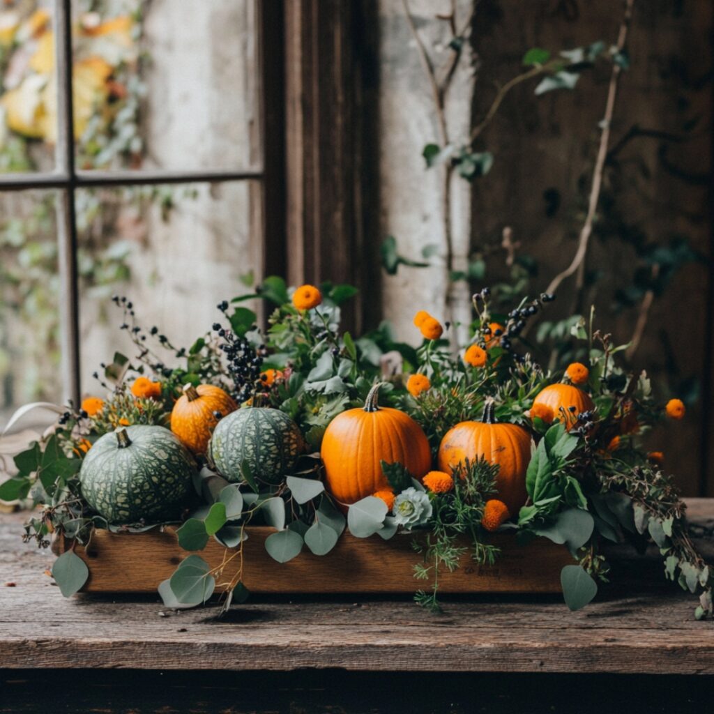 Whimsical fall centerpiece with mini gourds, wildflowers, and greenery in a wooden tray, draped with ivy and eucalyptus for a rustic, natural autumn look.