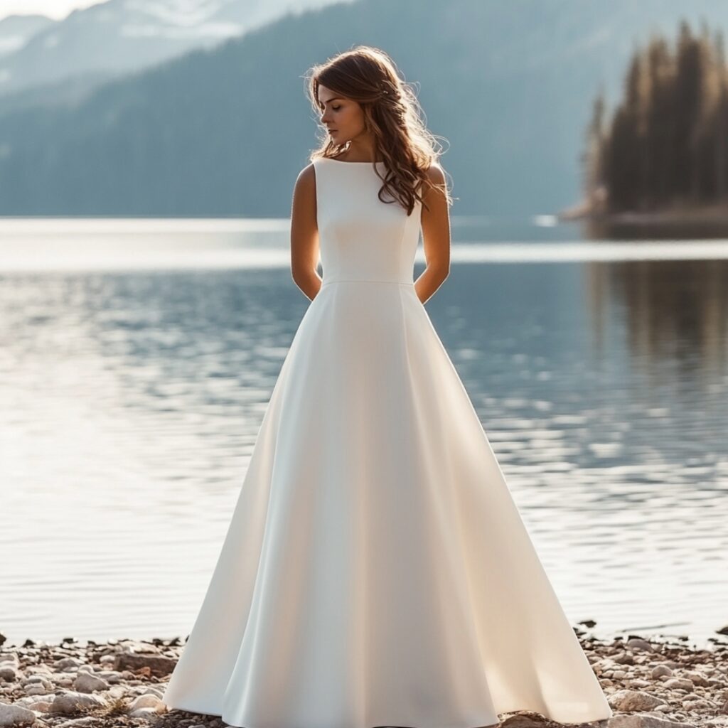 A minimalist A-line wedding dress with clean lines and understated elegance, designed to complement the natural beauty of a lakefront venue.