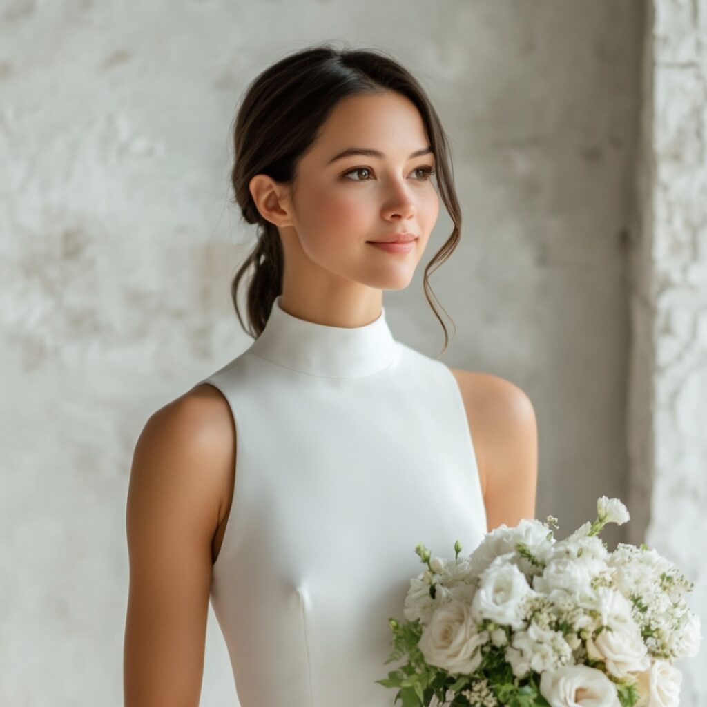 Bride wearing a minimalist crepe dress with a high neckline, showcasing understated elegance and modern style for a September wedding.