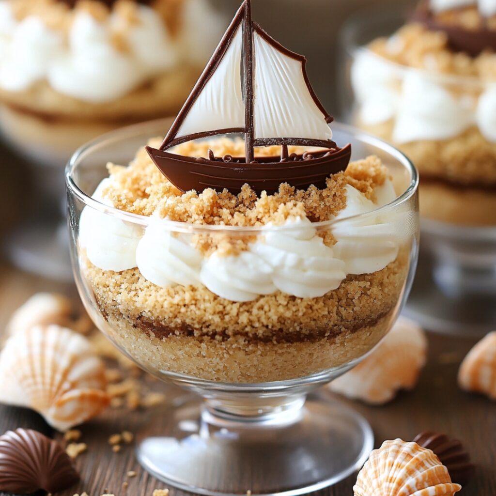 Coconut pudding layered with graham cracker crumbs, topped with chocolate seashells and a tiny Moana sailboat, bringing island vibes to your dessert table.