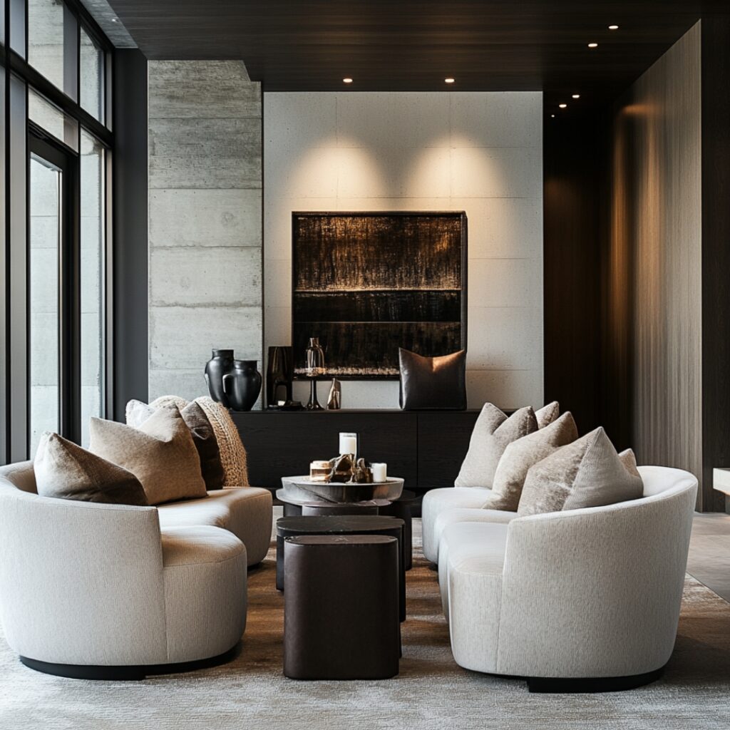 Chic modern lounge areas with sleek furniture, cozy cushions, and throw blankets offer a stylish and intimate space for guests to relax and mingle.