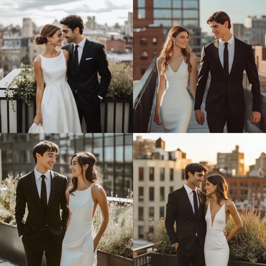 A bride in a chic, structured midi dress with clean lines and minimal embellishments, complemented by a groom in a fitted black suit and slim tie, reflecting modern minimalism at a rooftop wedding.