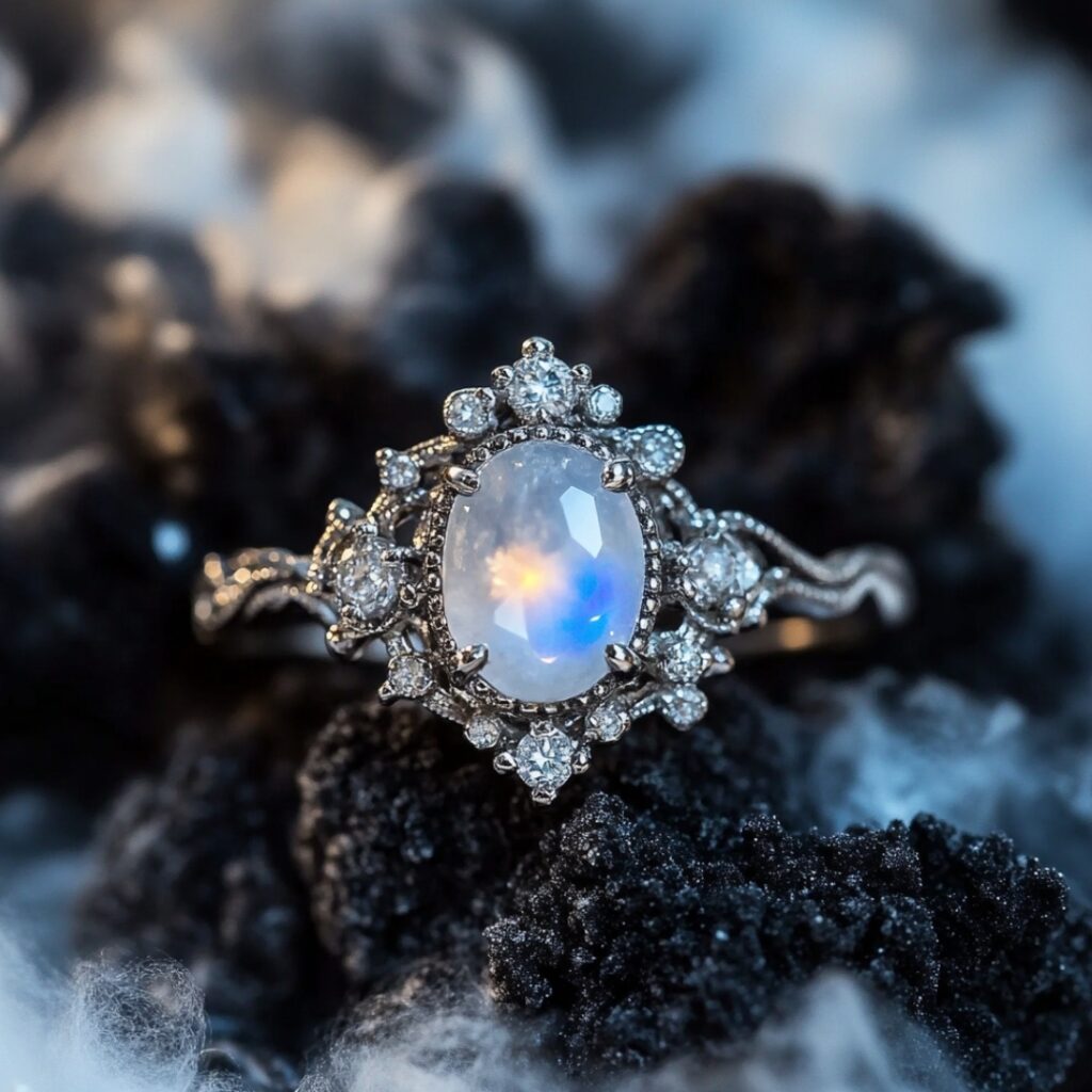 Moonstone and diamond engagement ring with a silver band, featuring an ethereal glow and sparkling diamonds, ideal for a mystical, fairy-inspired look.