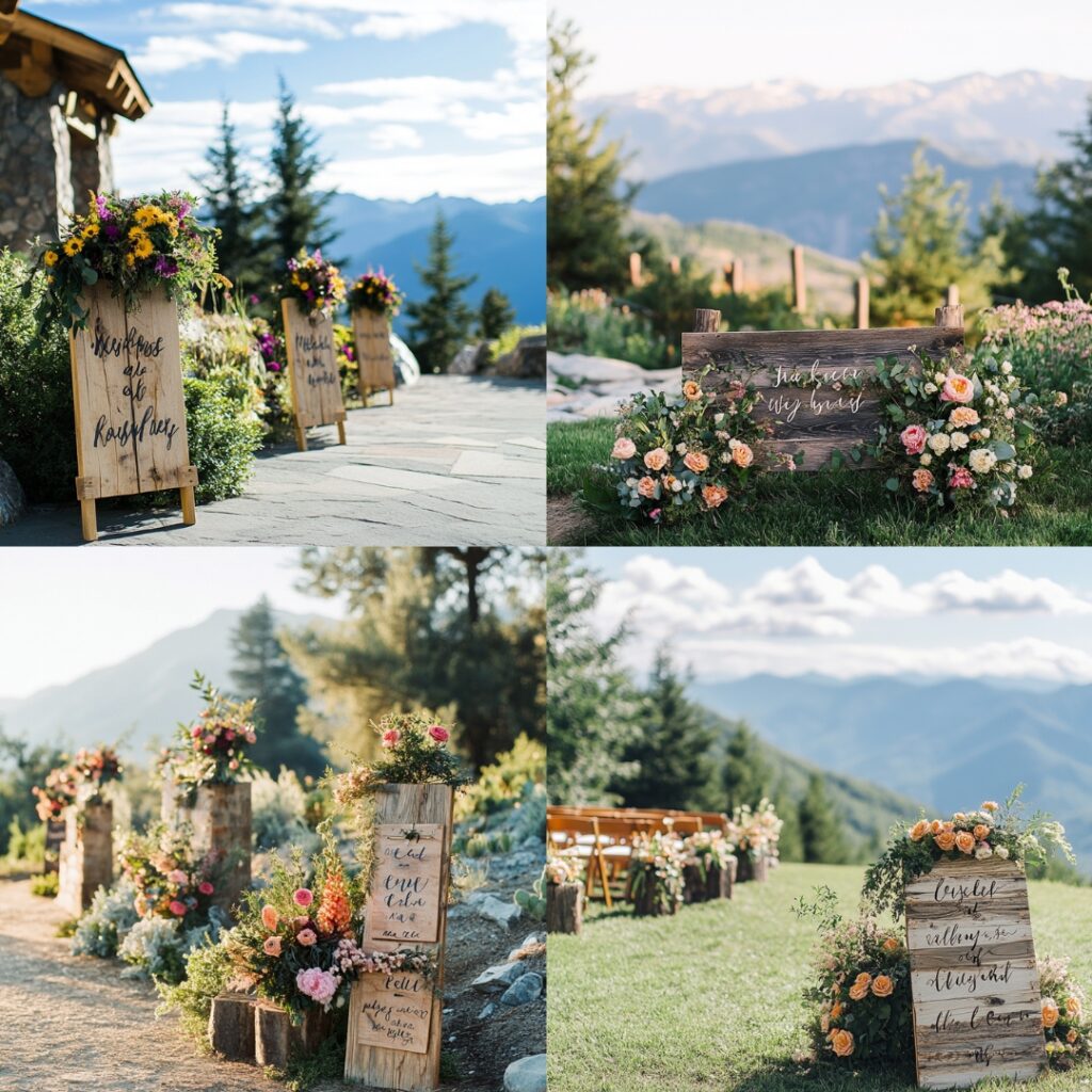 Handwritten wooden signs with floral accents guide guests, adding a whimsical, nature-inspired touch to your mountain view ceremony and personalizing the setting.