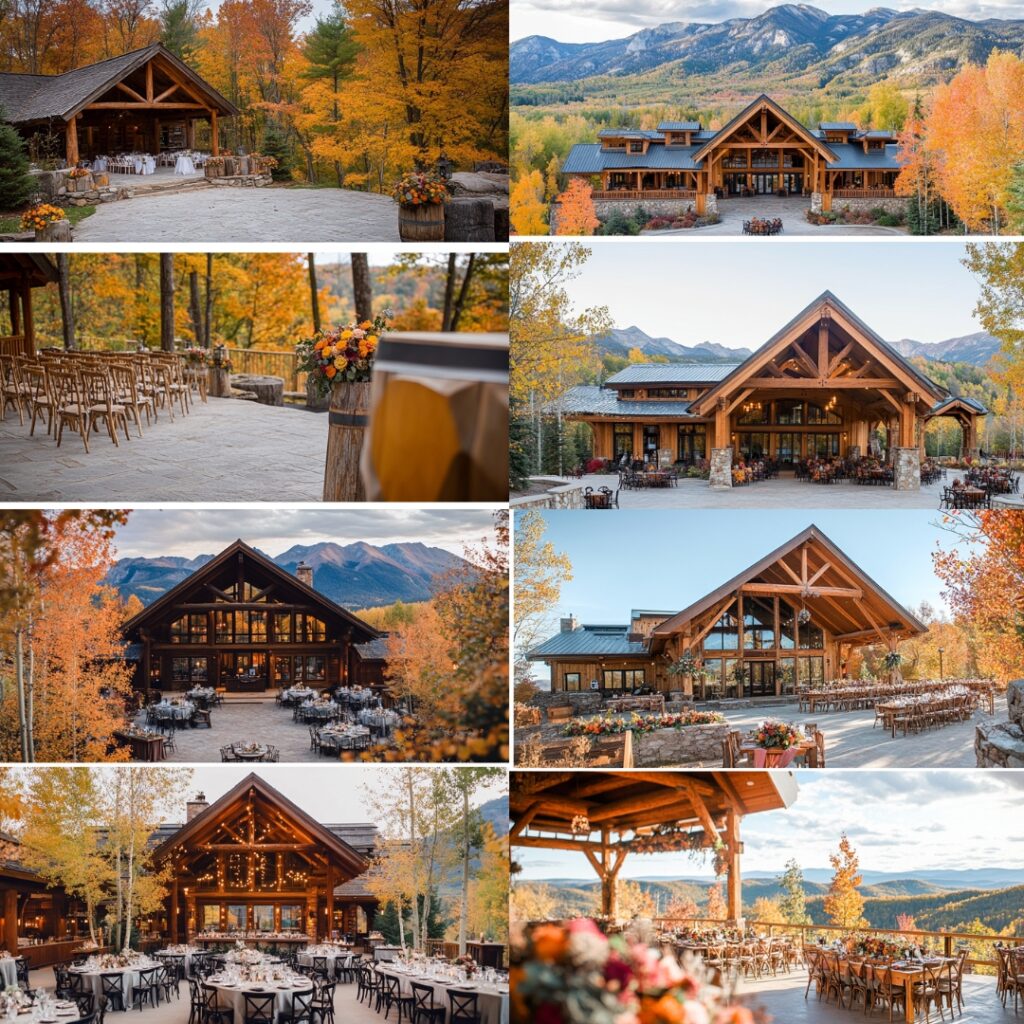 A scenic mountain lodge wedding venue in September, surrounded by fall foliage, offers rustic charm with wood accents and breathtaking views for an intimate celebration.
