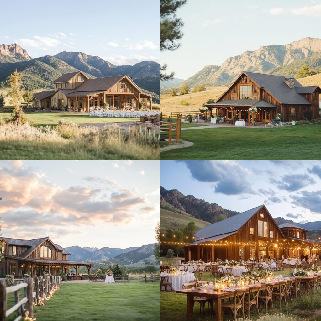A picturesque mountain ranch combines rustic charm and sweeping mountain views, perfect for a country-chic wedding with a touch of rugged elegance.
